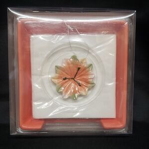 Dennis East International NWT Deep Coral Napkin Holder With Floral Weight